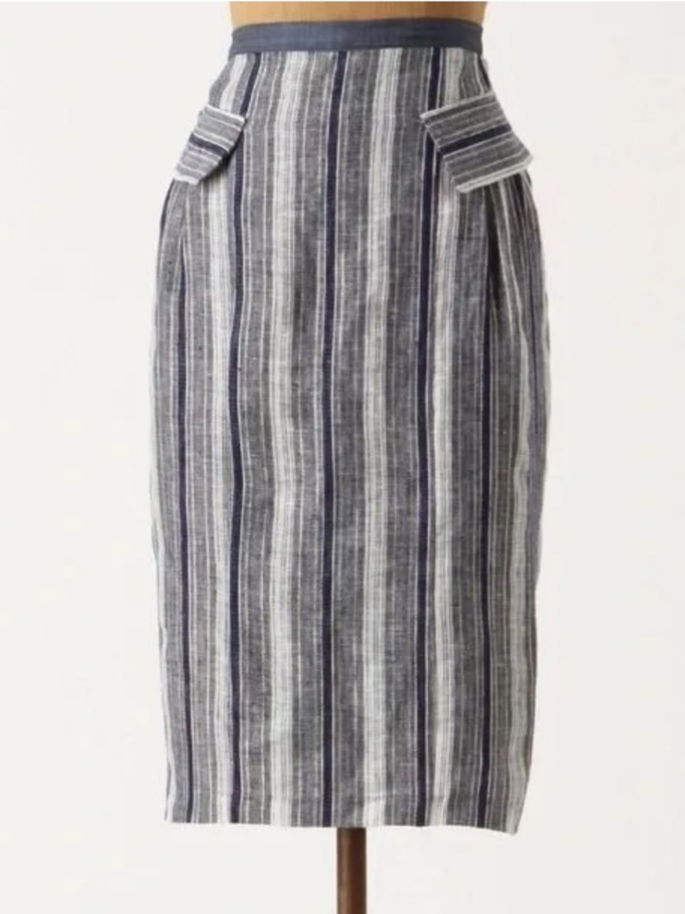 Anthropologie Eva Franco Ruse Midi Skirt Size 10 Blue Striped Linen Coastal
